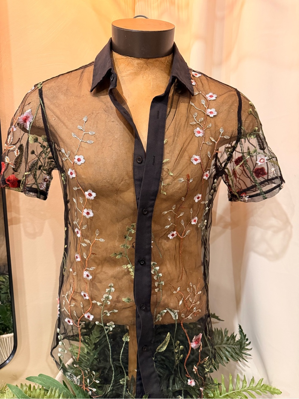 Black Sheer Floral Embroidered Short-Sleeve Shirt